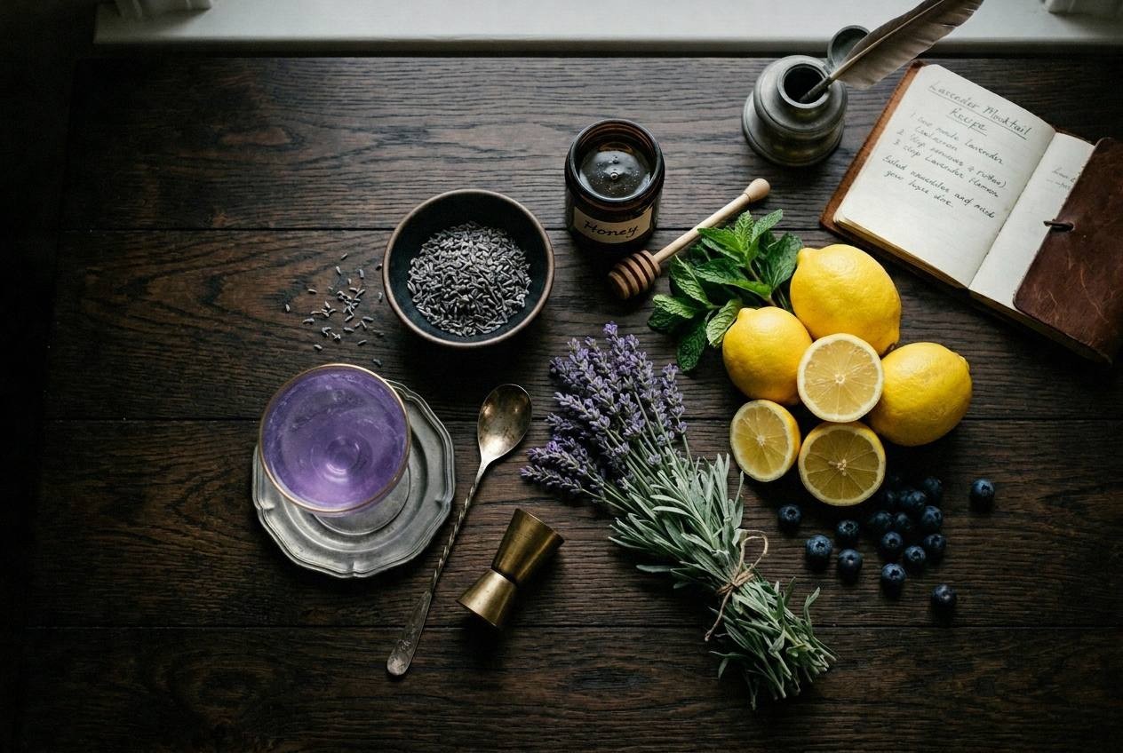 Three lavender mocktails in clear glasses with ice, fresh lavender sprigs, and lemon wheels, arranged on white marble with dried lavender buds scattered around