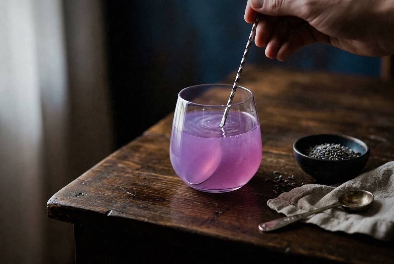 Lavender honey syrup in a glass jar next to fresh lavender stems and a bowl of dried culinary lavender buds on a wooden cutting board