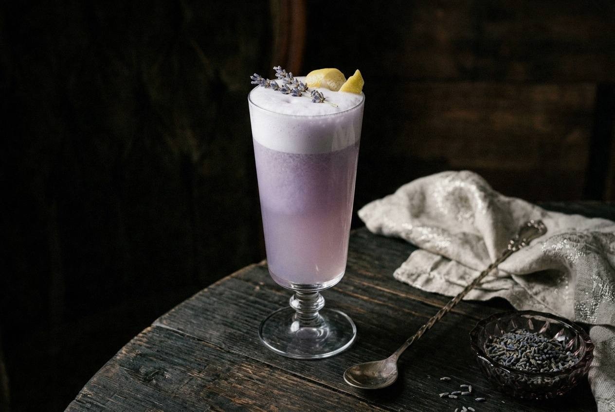 Close-up of Lavender Elderflower Cooler in a tall glass with ice, garnished with fresh lavender sprig, condensation on the glass, bright natural light