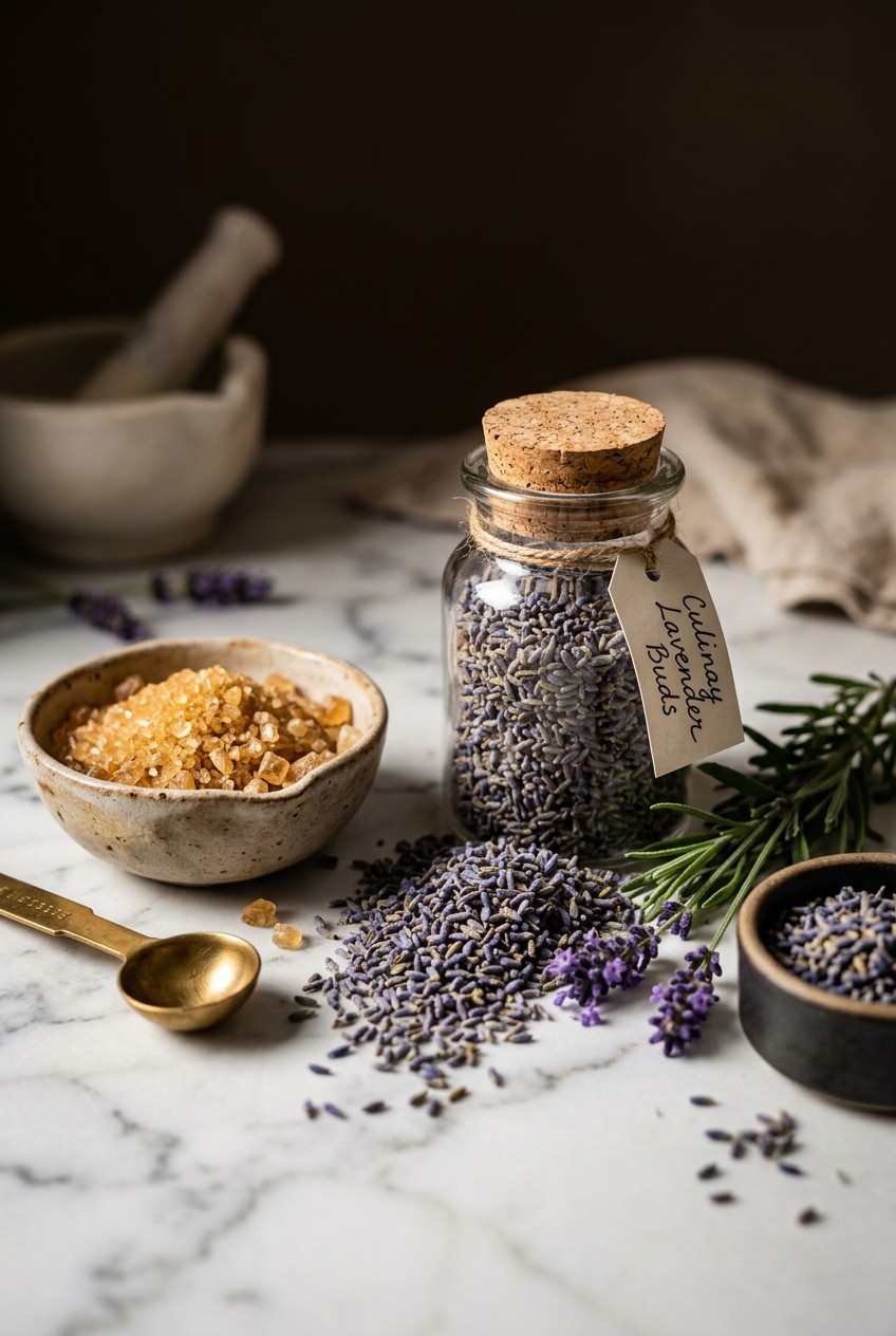 dried culinary lavender buds in glass jar with organic cane sugar and measuring spoons on white marble counter for homemade lavender simple syrup recipe