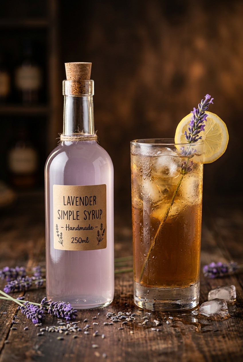 finished lavender simple syrup in clear glass bottle with purple tint next to fresh lavender sprigs and iced tea glass for spring mocktail recipes