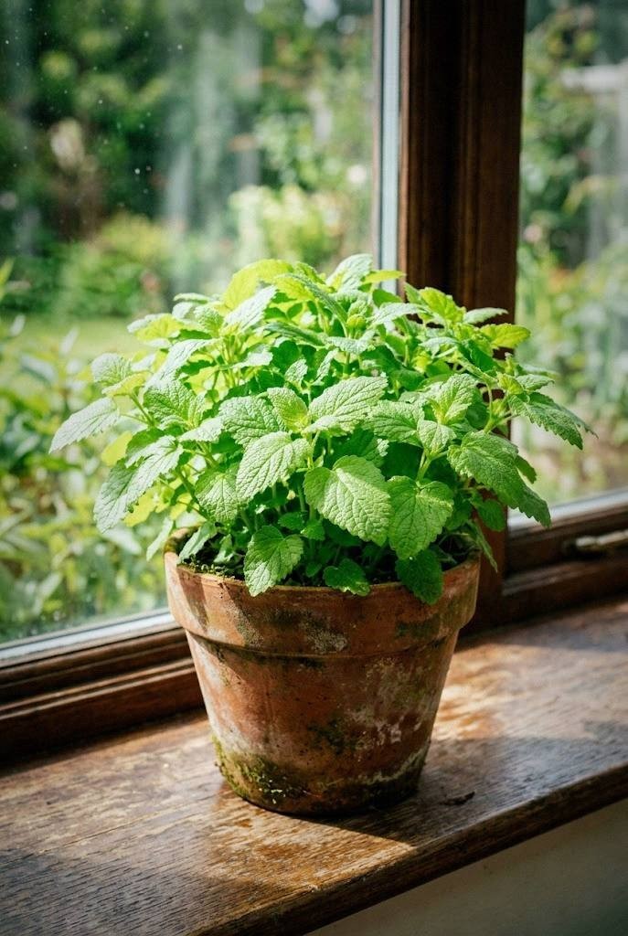 Fresh lemon balm leaves growing in a terracotta pot on a sunny windowsill