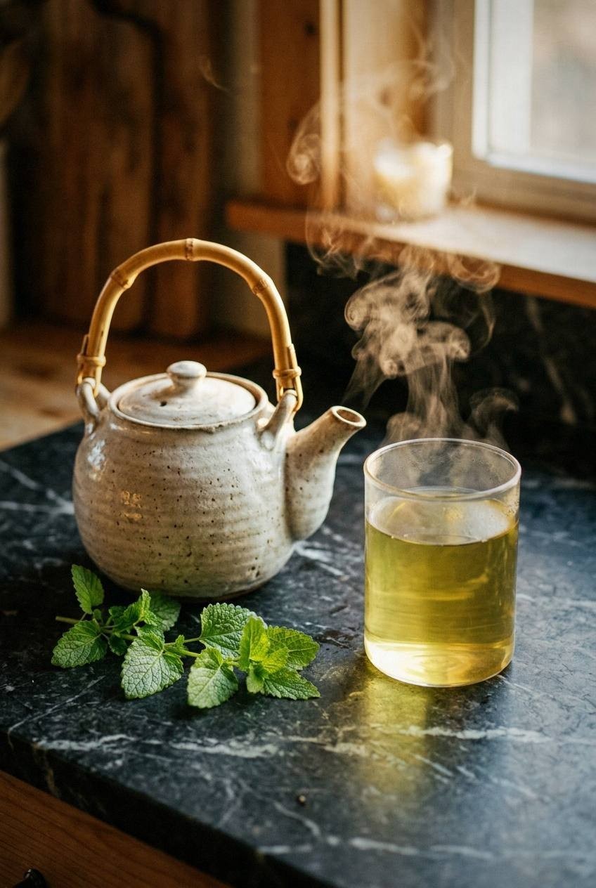 A tall glass of iced lemon balm tea with ice cubes and a lemon slice beside it on a marble surface