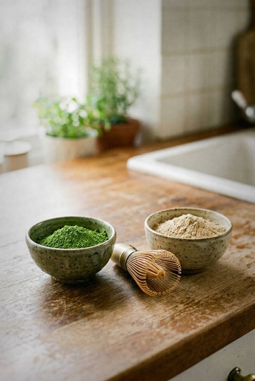 Ceremonial matcha powder and lion's mane mushroom extract powder being sifted together into a ceramic bowl, with a bamboo whisk and a small jar of oat milk on a bright surface