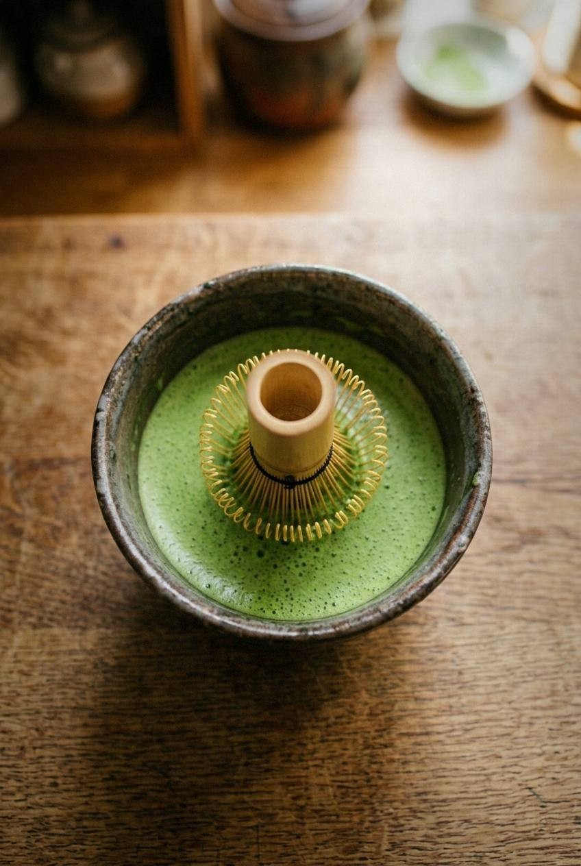 Iced lion's mane matcha latte in a tall clear glass showing vibrant green matcha layered over white oat milk with ice cubes, bright natural light setting