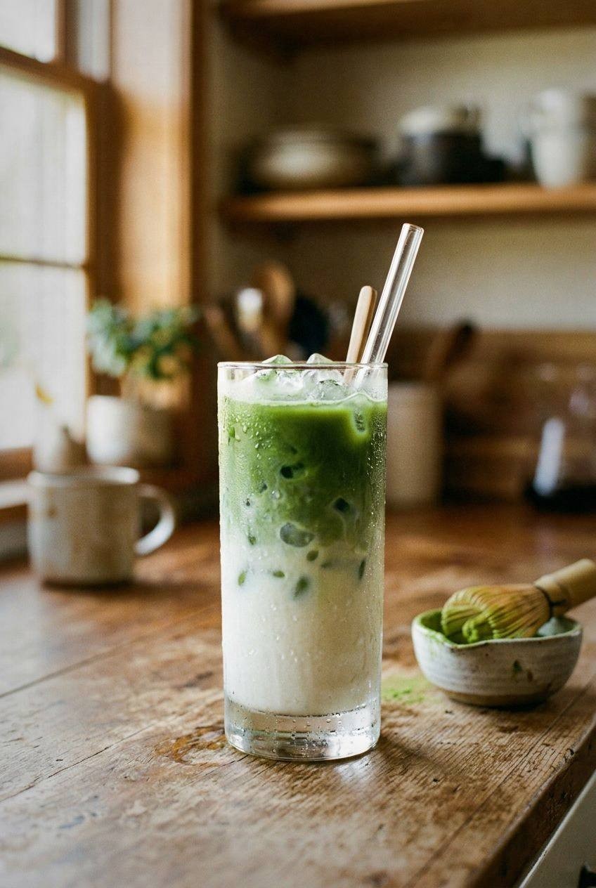 A top-down view of an iced lion's mane matcha latte in a clear glass with green matcha swirled through white milk, a bamboo whisk and lion's mane powder jar beside it