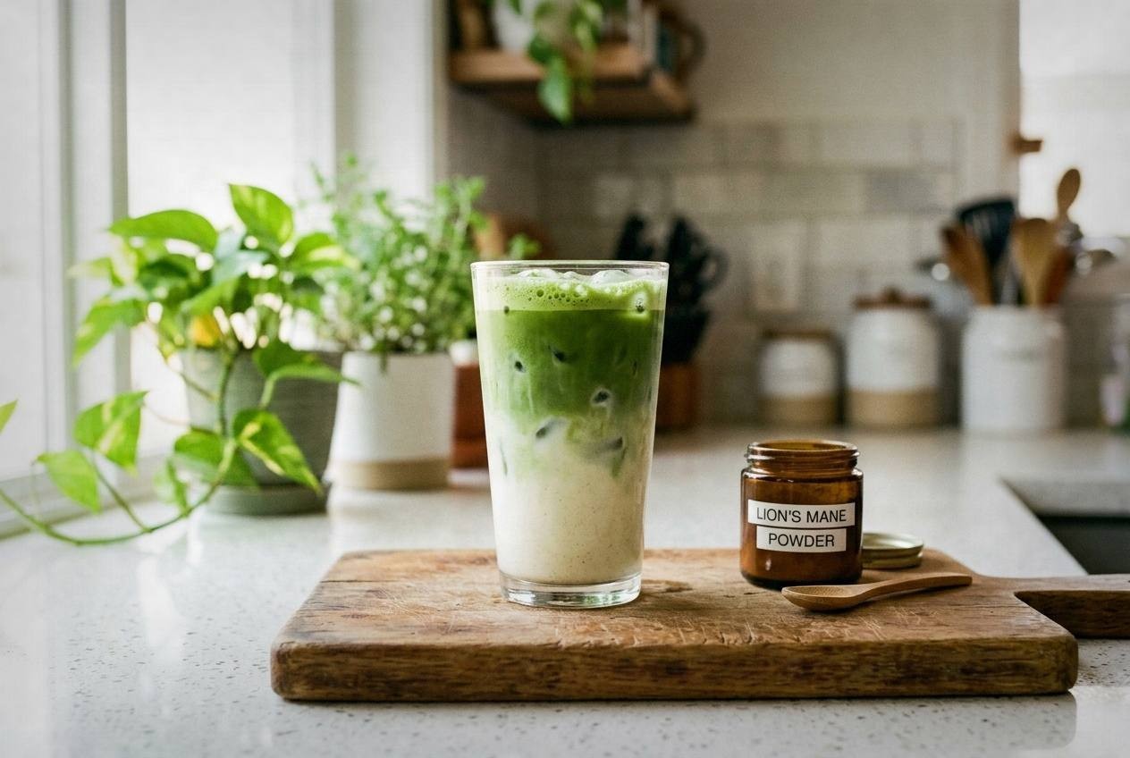 Iced Lion's Mane Matcha Latte for Focus