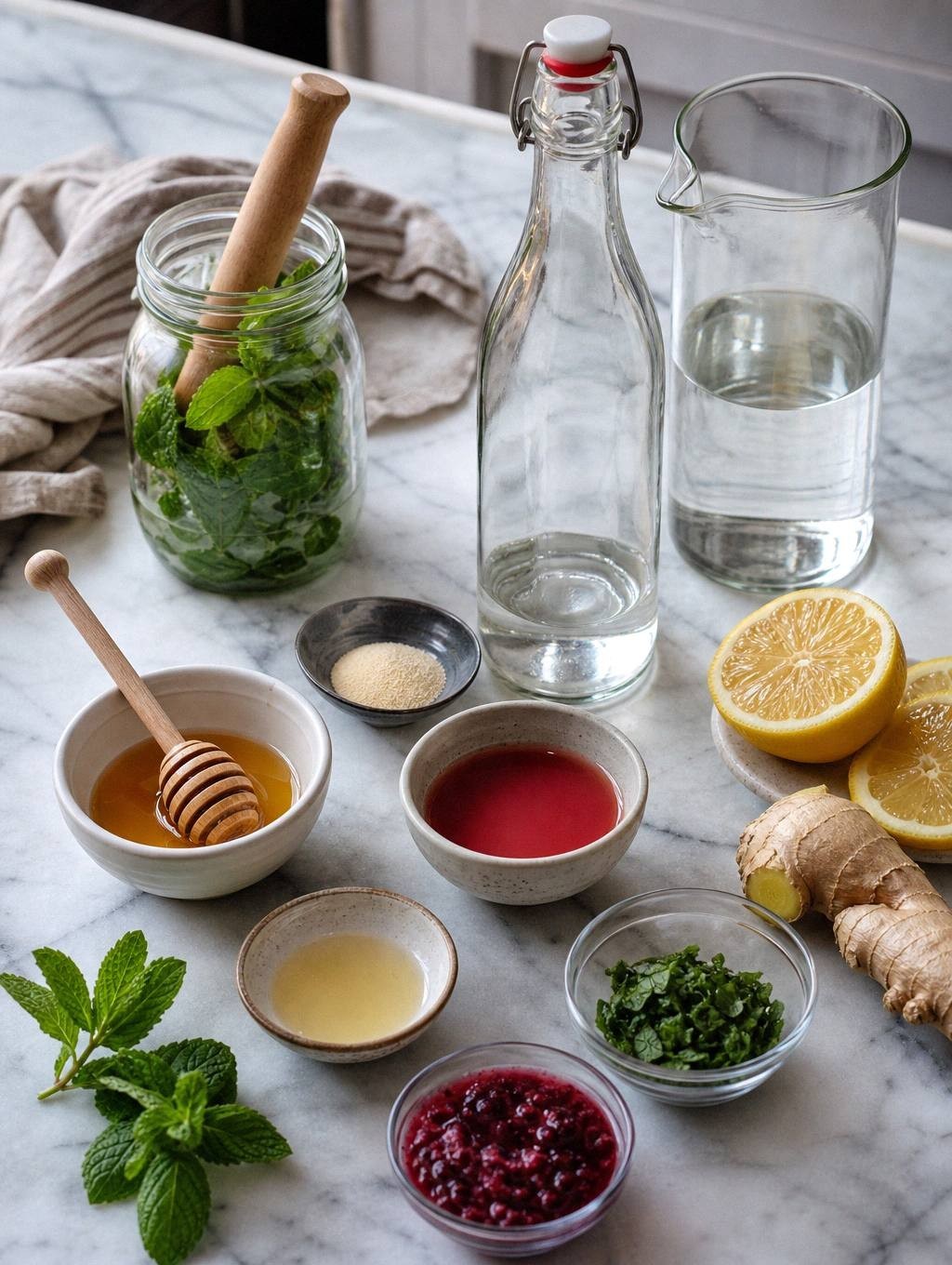 measured ingredients for living probiotic sodas arranged on kitchen counter with garnishes