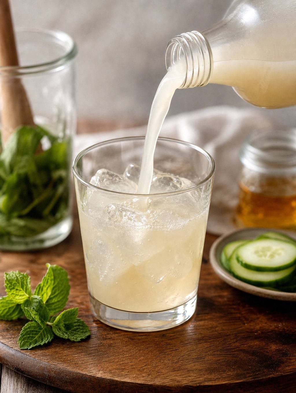 cream-colored living probiotic soda being poured into clear glass, liquid in motion