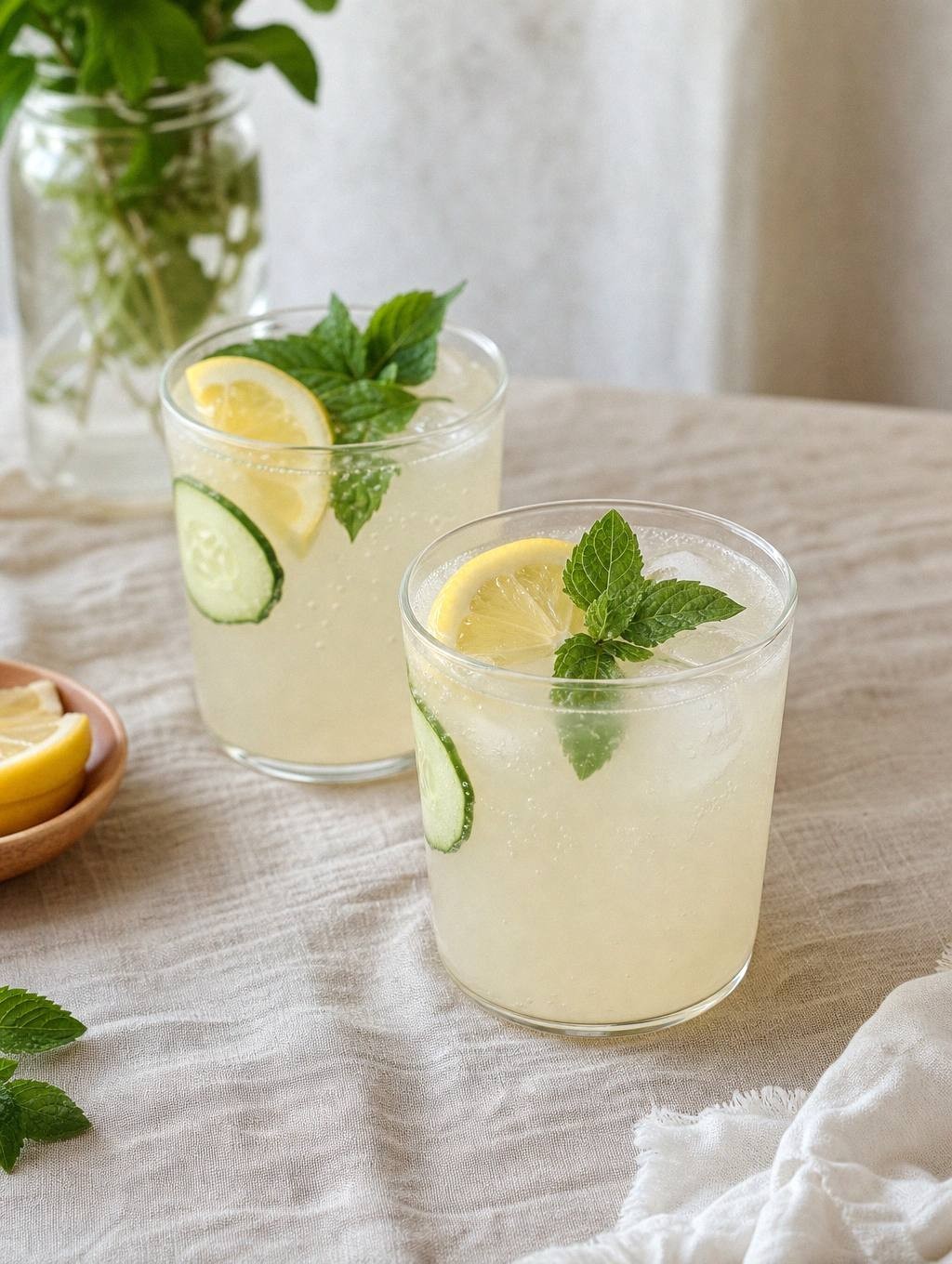 two clear glasses filled with cream-colored living probiotic sodas styled on table