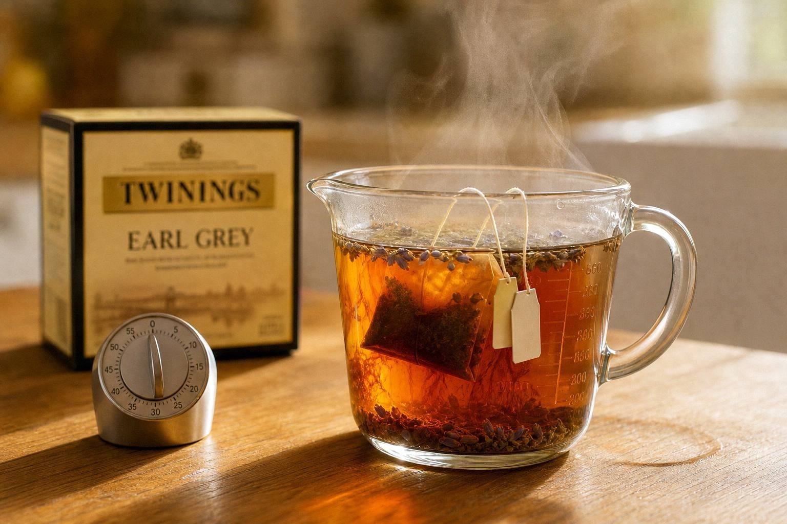 Two Earl Grey tea bags steeping in a glass measuring cup of hot water
