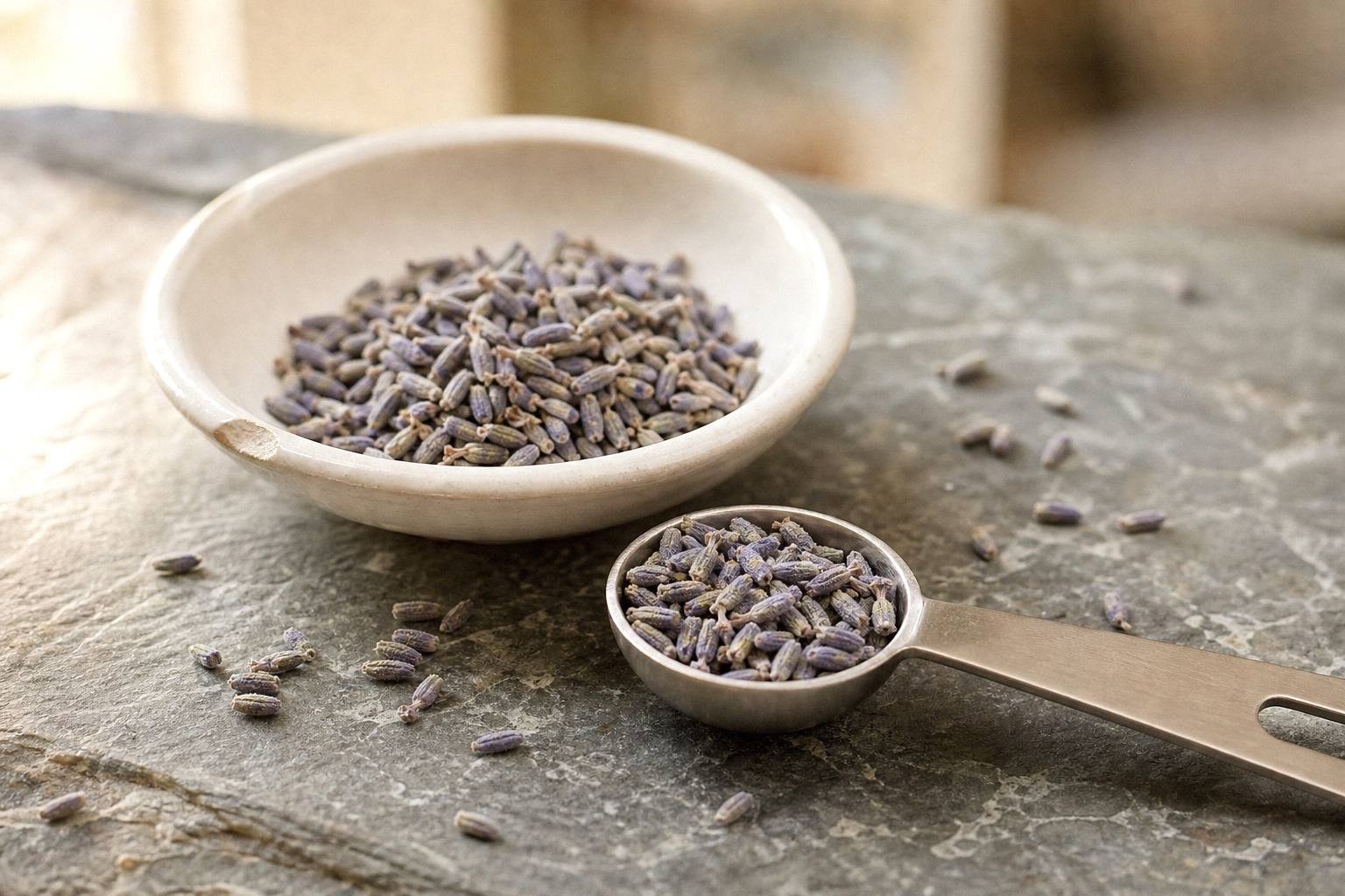 Dried culinary lavender buds in a small ceramic dish beside a measuring spoon
