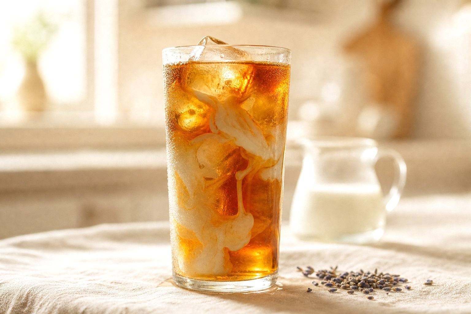 Iced london fog latte in a tall glass with cold milk swirling through the tea