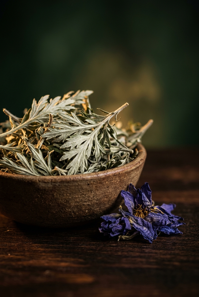 Dried mugwort leaves and blue lotus petals in small bowls on wooden table for lucid dream tea recipe