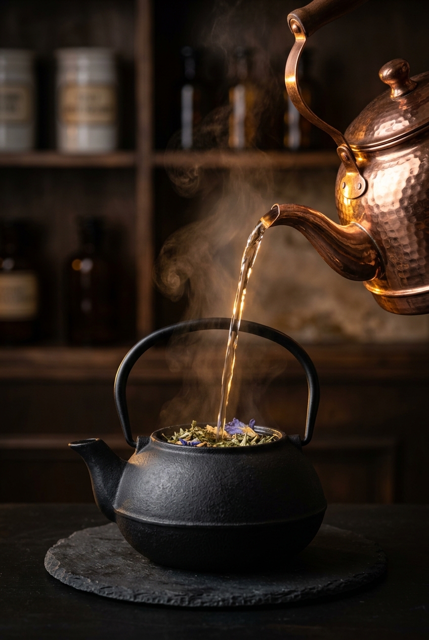 Steeping mugwort dream tea in covered glass teapot showing dark amber liquid and floating herbs