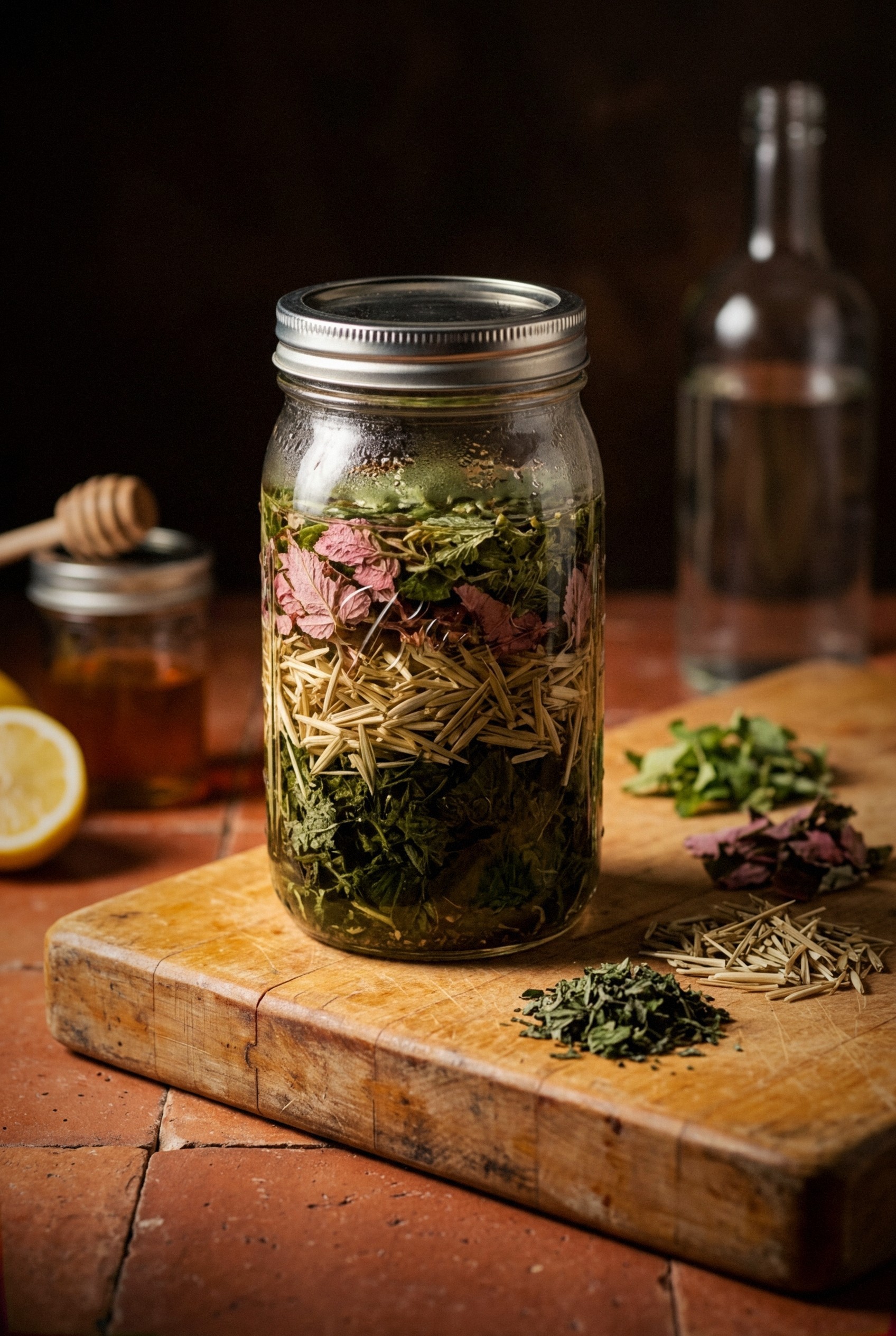 Mason jar filled with magnesium herbal iced tea showing nettle, oatstraw, lemon balm, and red raspberry leaf steeping in filtered water with condensation on glass