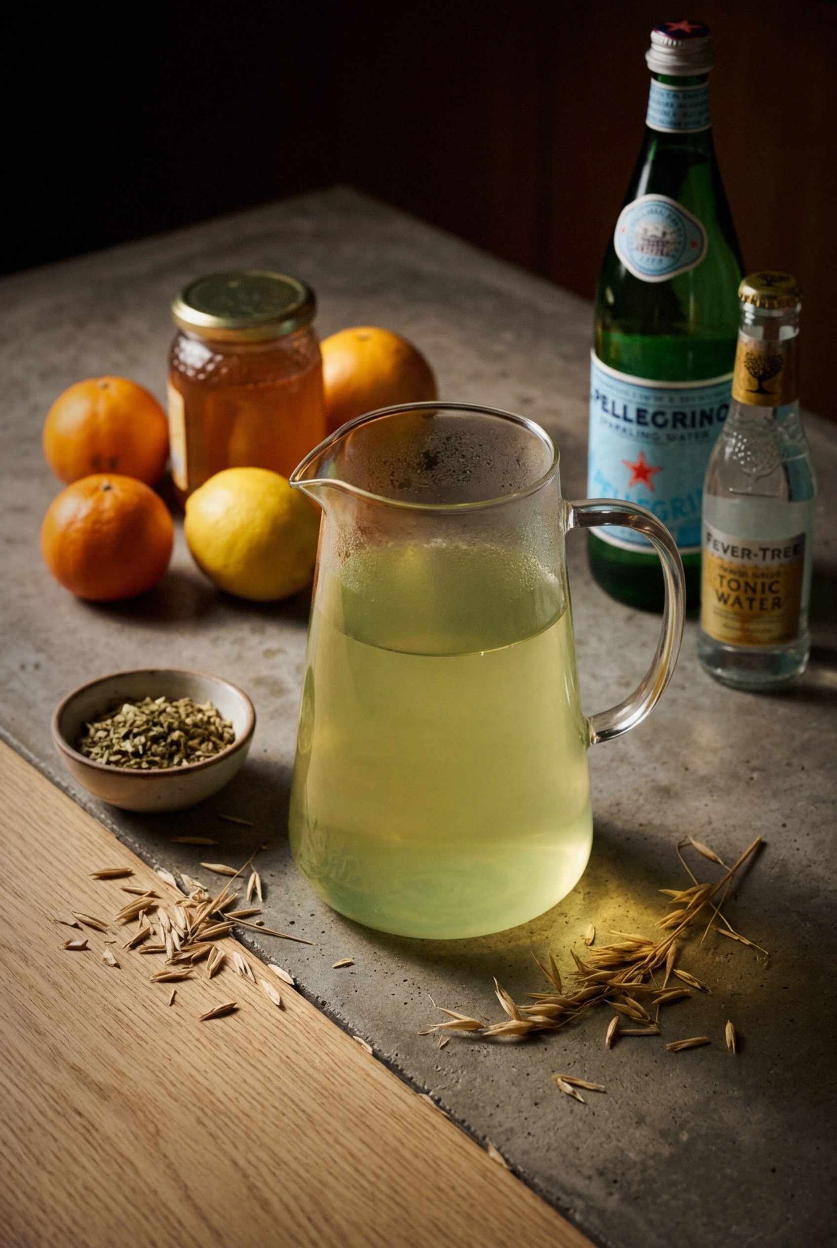 Hands straining magnesium herbal tea through cheesecloth into glass pitcher with visible pale green liquid and herb sediment
