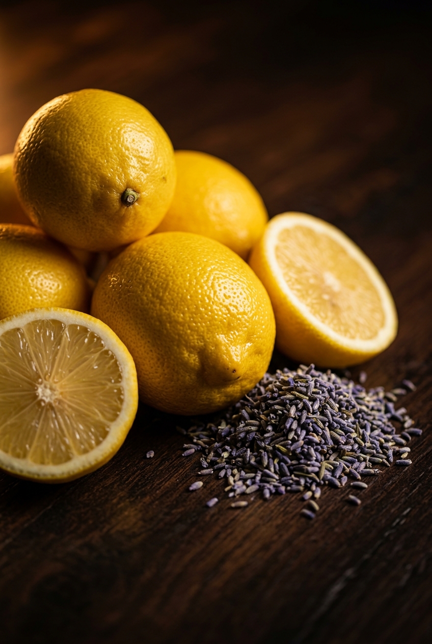 Fresh lemons being juiced next to dried lavender buds and mint leaves for homemade botanical lemonade recipe