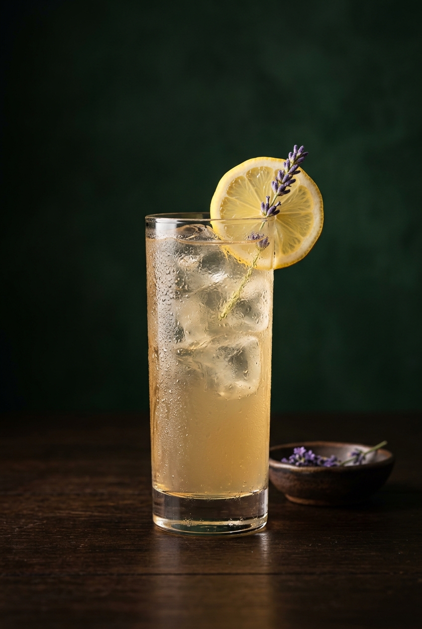 Glass of botanical herbal lemonade with lavender, mint, and lemon wheel garnish, perfect spring mocktail
