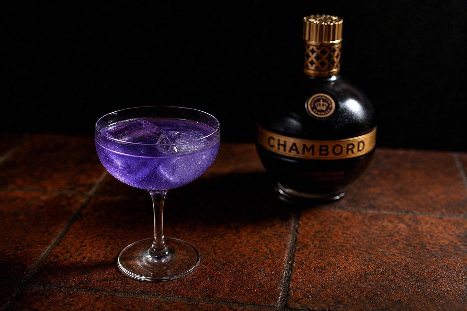 single purple cocktail on a dark bar top beside a bottle of raspberry liqueur