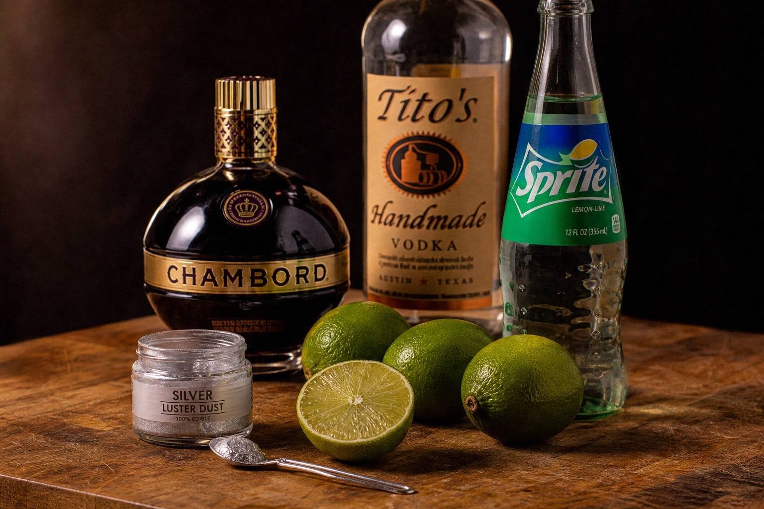 raspberry liqueur, vodka, limes and a jar of silver edible shimmer on a counter