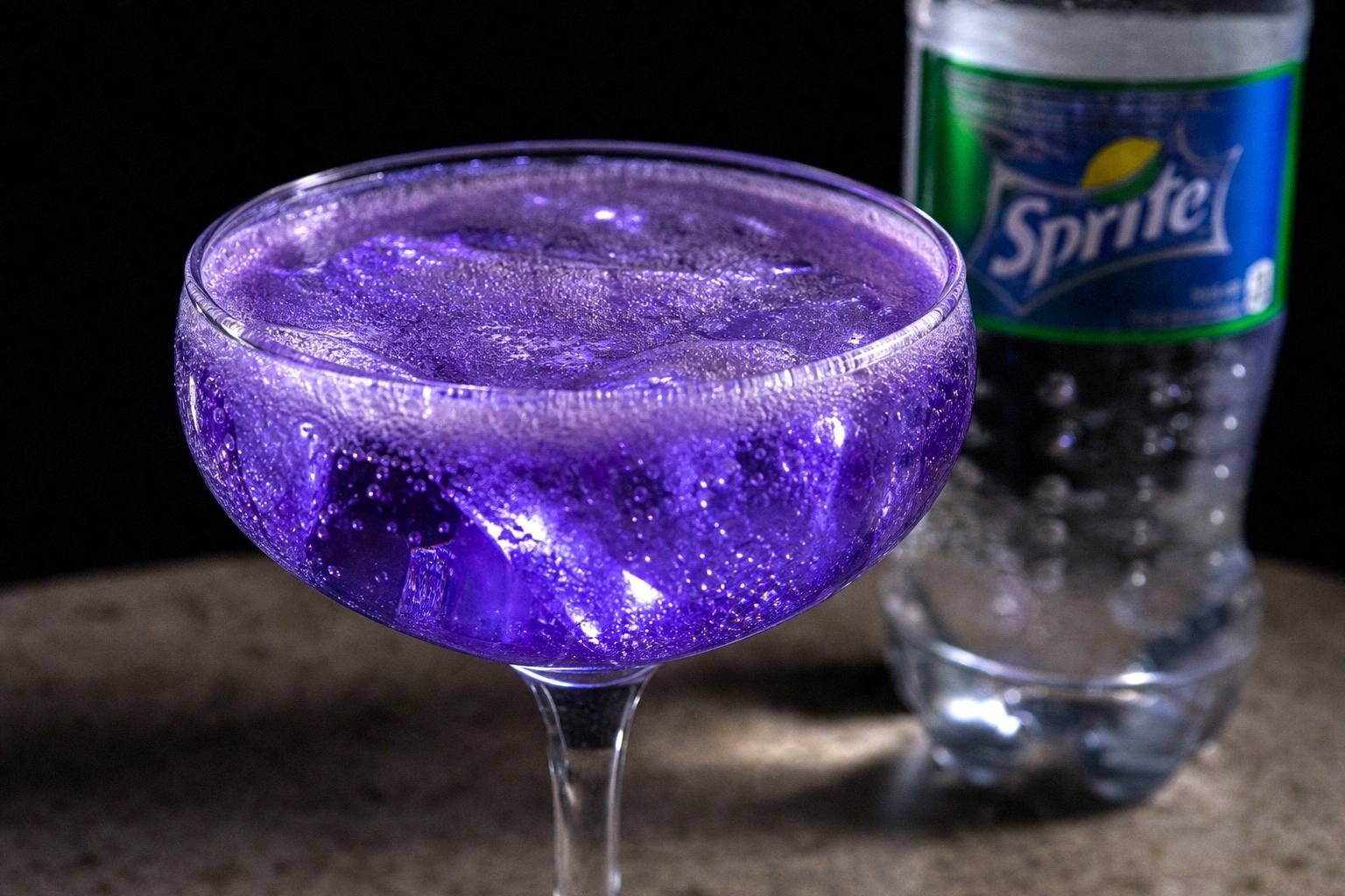 purple cocktail being topped with lemon-lime soda poured down the side of the glass