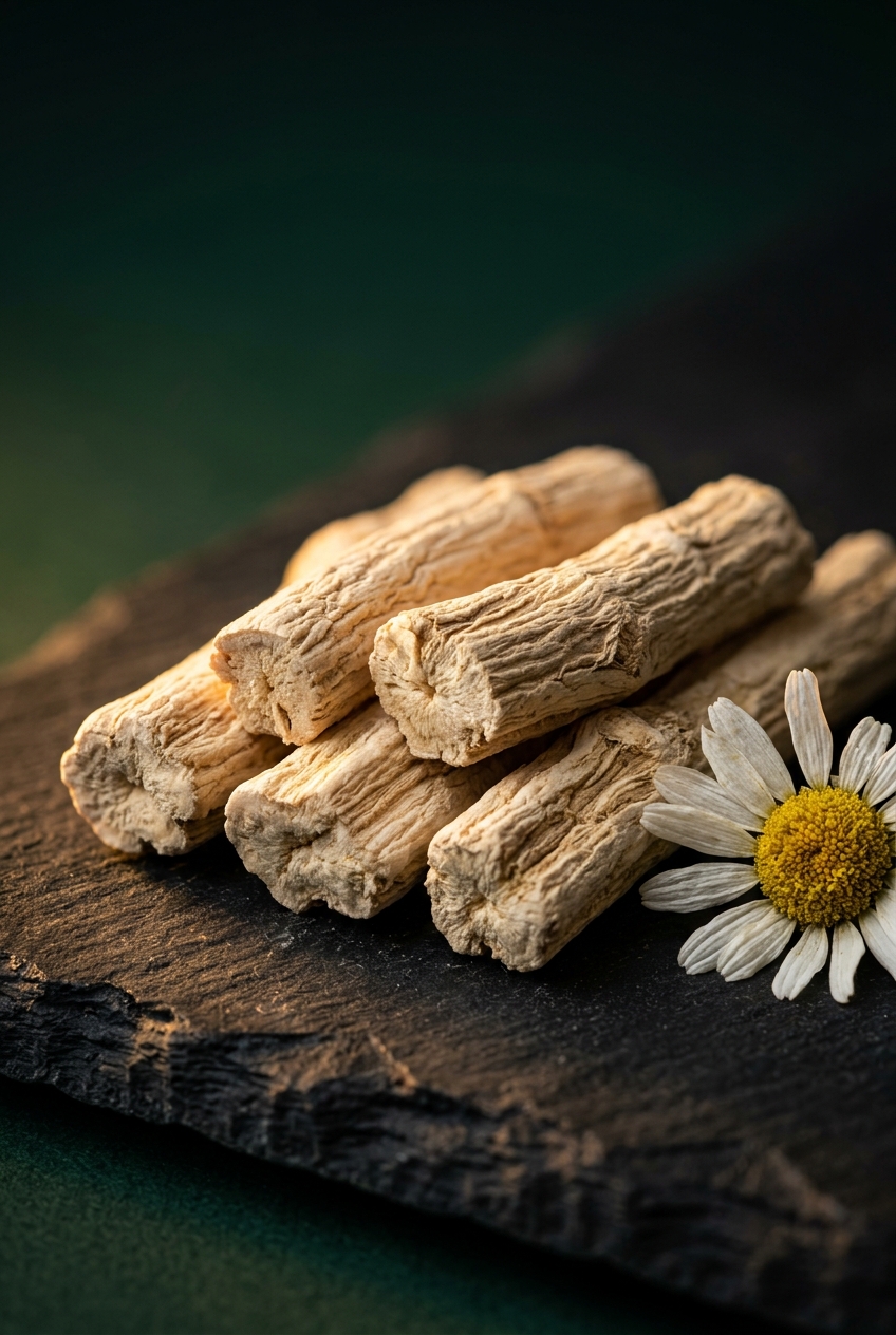 Dried marshmallow root pieces, chamomile flowers, and crushed fennel seeds arranged on a white marble surface with a glass jar of cold water for making mallow tea