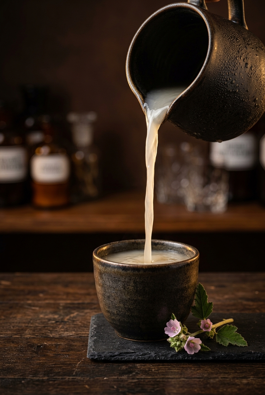 Glass jar with marshmallow root, chamomile, and fennel steeping in cold water in refrigerator, showing cloudy pale infusion of mallow tea blend