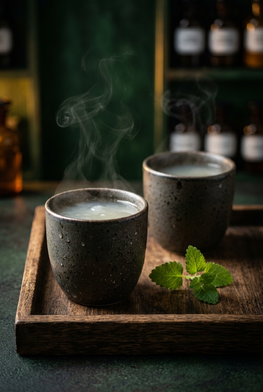 Two glass cups filled with pale cloudy mallow tea garnished with fresh lemon balm leaves on a wooden tray, showing the silky texture of marshmallow root tea