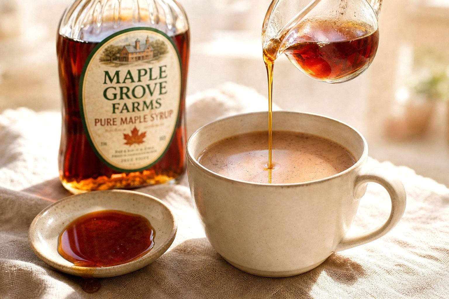 Maple syrup poured from a small glass jug into a mug of hot chai tea