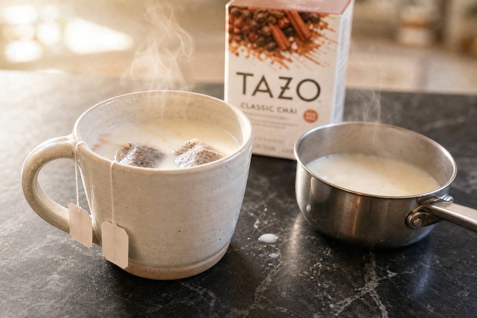 Steaming milk poured over two chai tea bags in a mug beside a saucepan