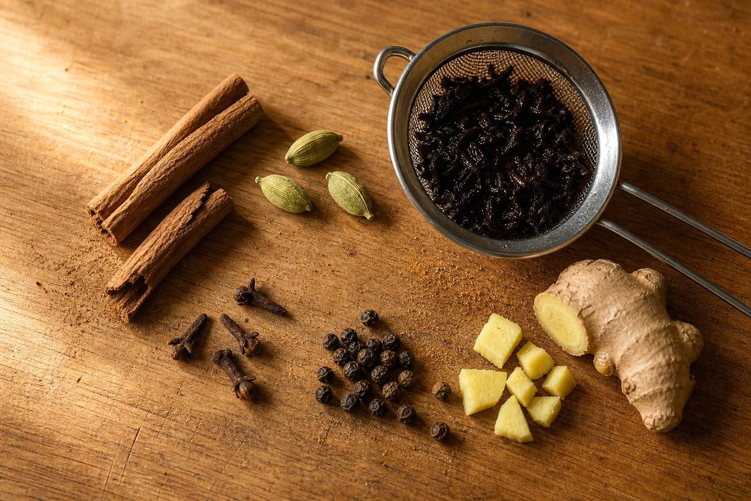 Cinnamon sticks, cardamom pods, cloves and peppercorns beside a strainer of black tea