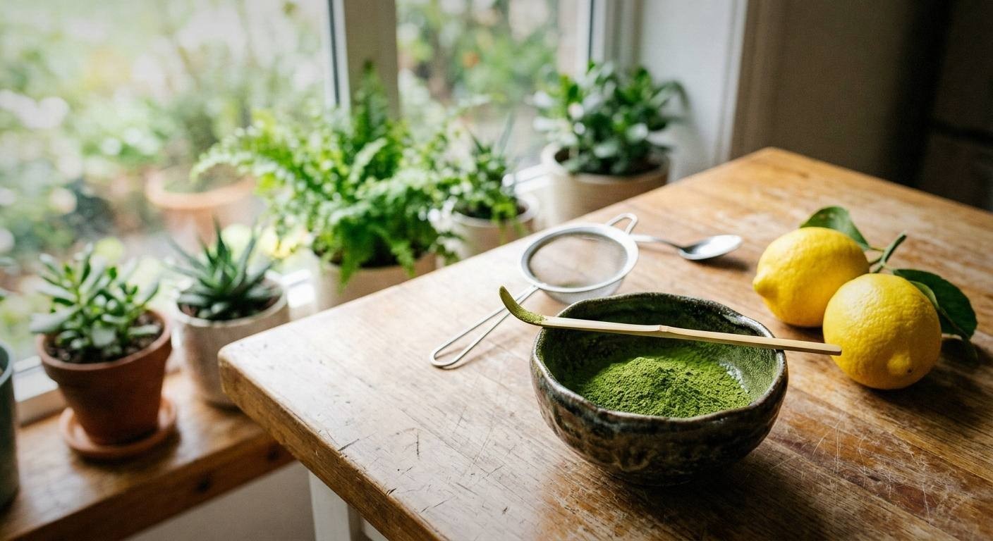 Ceremonial matcha powder being whisked in a small bowl with warm water, a bamboo chasen whisk creating frothy green foam, lemons and a tall glass with ice visible on a bright surface