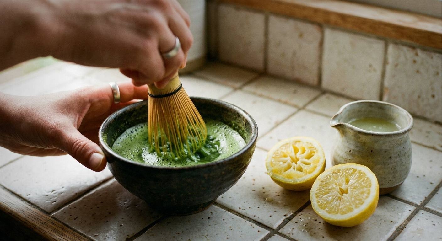 Iced matcha lemonade in a tall clear glass showing vivid green color with ice cubes and a lemon slice, fresh lemons and matcha powder visible on a bright surface