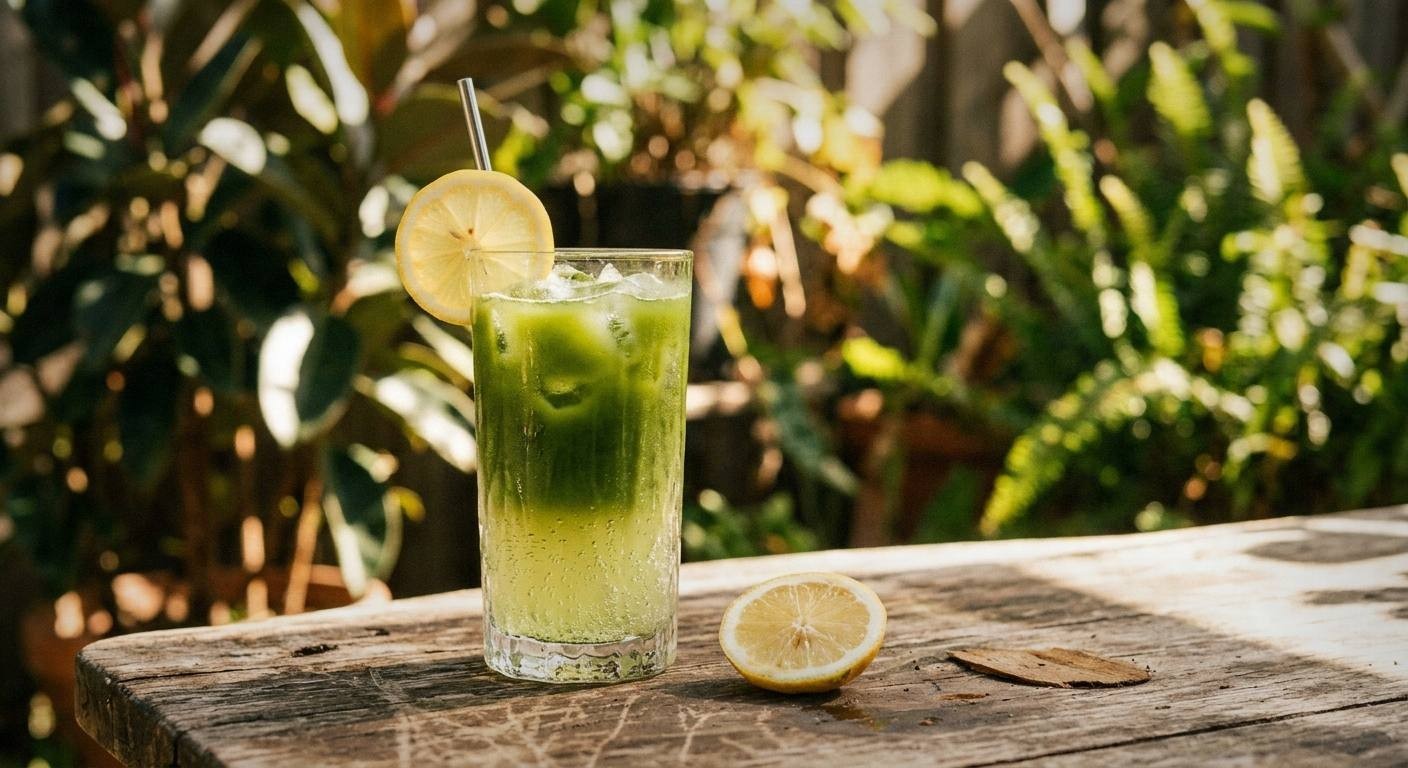 A top-down view of a bright green matcha lemonade in a clear glass with ice, a small bowl of matcha powder and cut lemons arranged on a light wooden surface in natural light