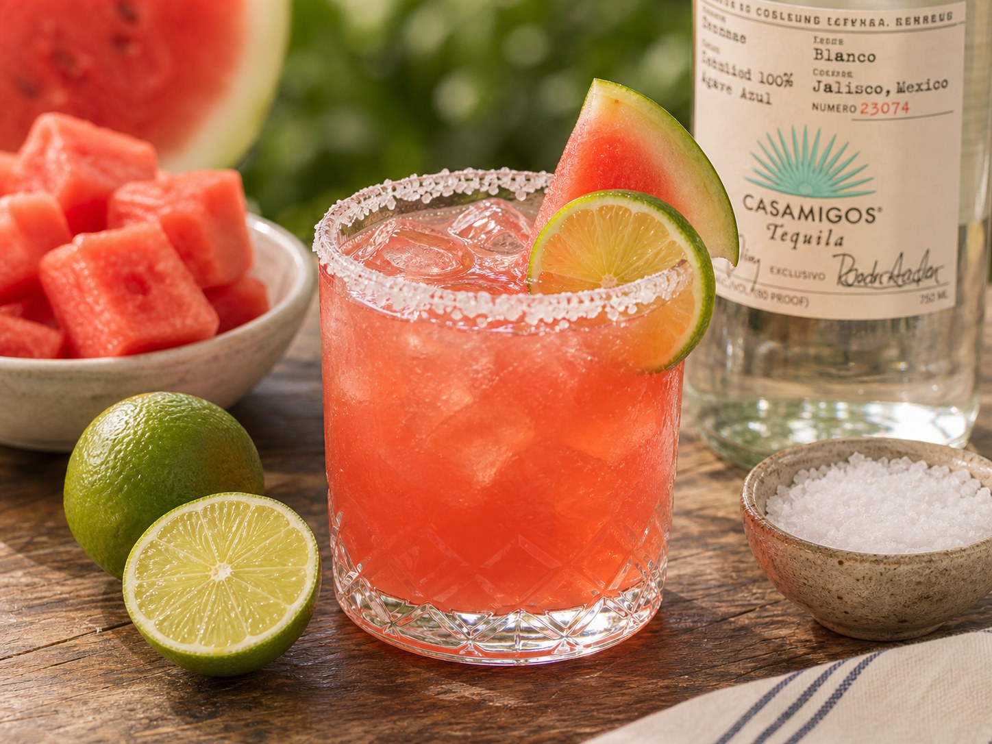 Watermelon lime margarita in a rocks glass with tequila, fresh watermelon juice, lime, ice, and a small watermelon wedge
