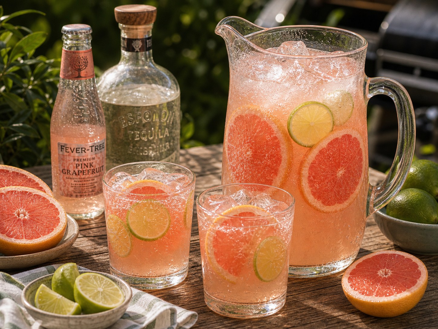 Grapefruit paloma cocktail in a tall glass with tequila, grapefruit soda, lime, ice, and a grapefruit wedge on an outdoor table