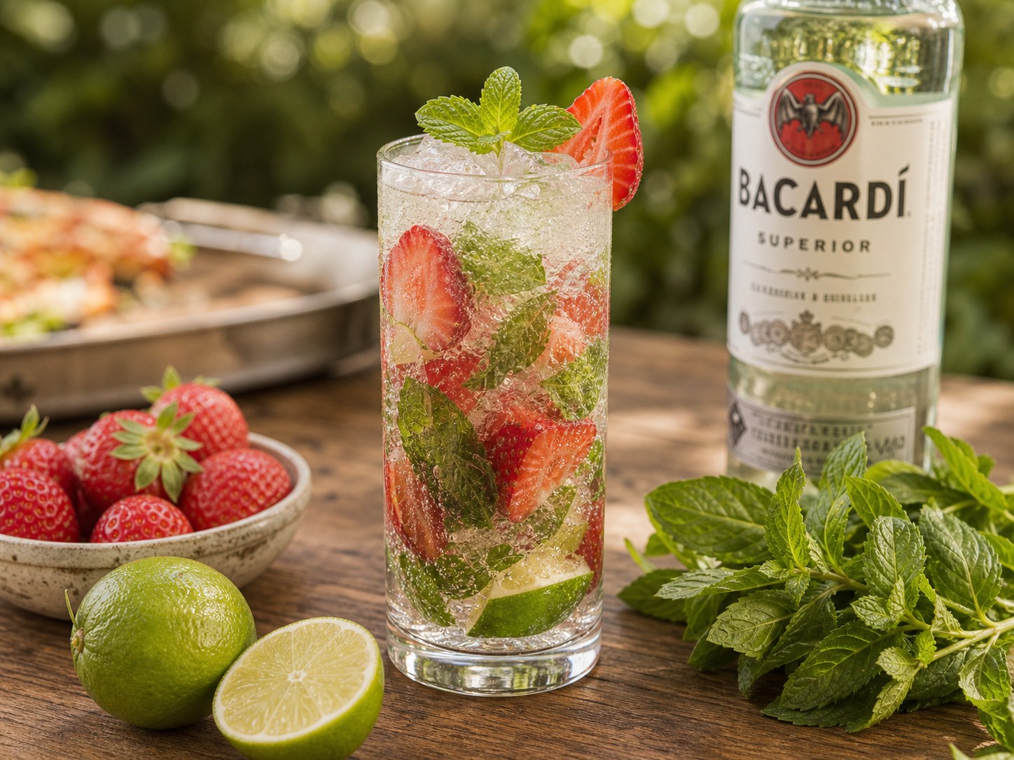 Strawberry mint mojito with white rum, lime, fresh strawberries, mint, club soda, and crushed ice