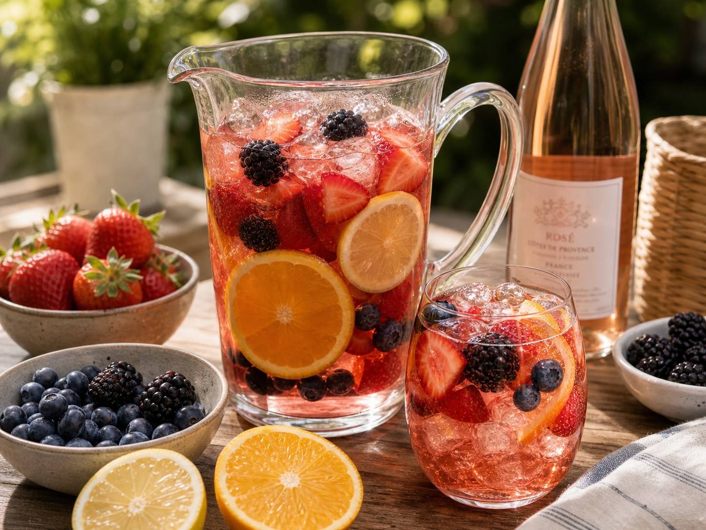 Berry rose sangria pitcher with strawberries, blueberries, orange slices, dry rose wine, and sparkling water on a picnic table