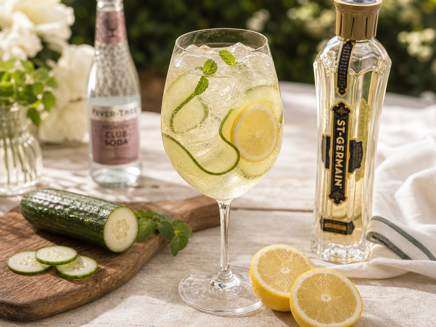 Cucumber elderflower spritz in a wine glass with prosecco, club soda, gin, lemon, cucumber ribbons, and ice