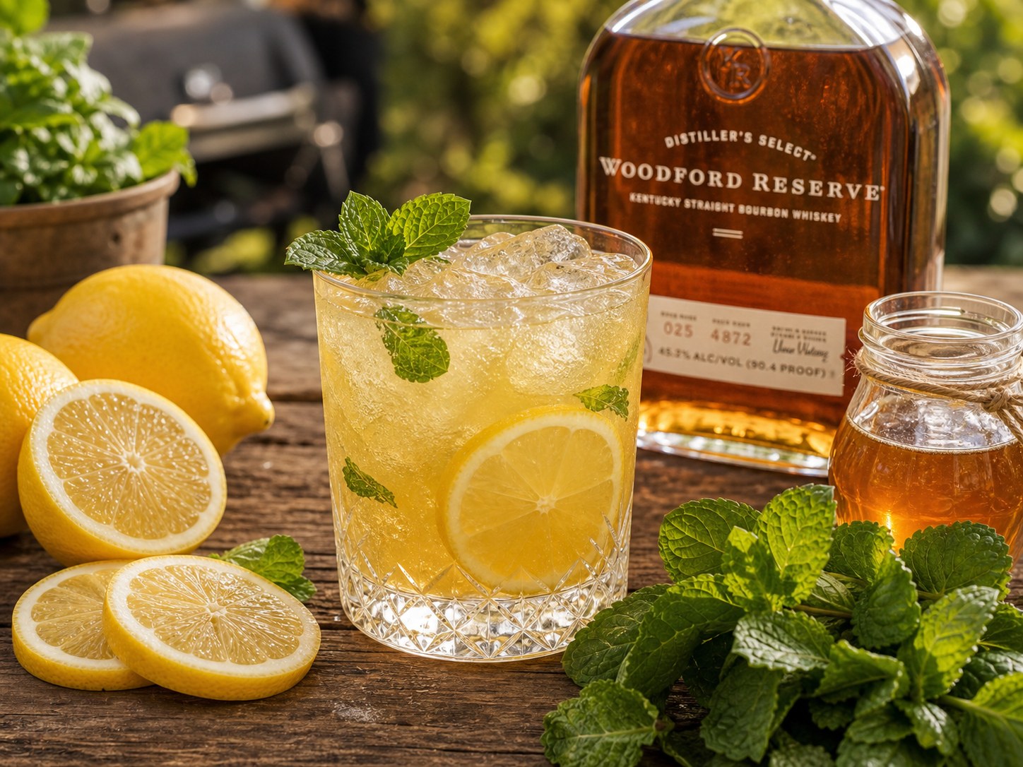 Bourbon lemonade cocktail in a tall glass with ice, lemon wheels, fresh mint, and a pitcher of lemonade nearby