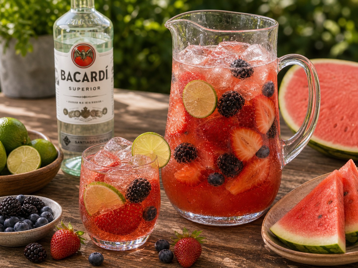 Watermelon berry rum pitcher with fresh watermelon juice, strawberries, raspberries, lime, sparkling water, and ice