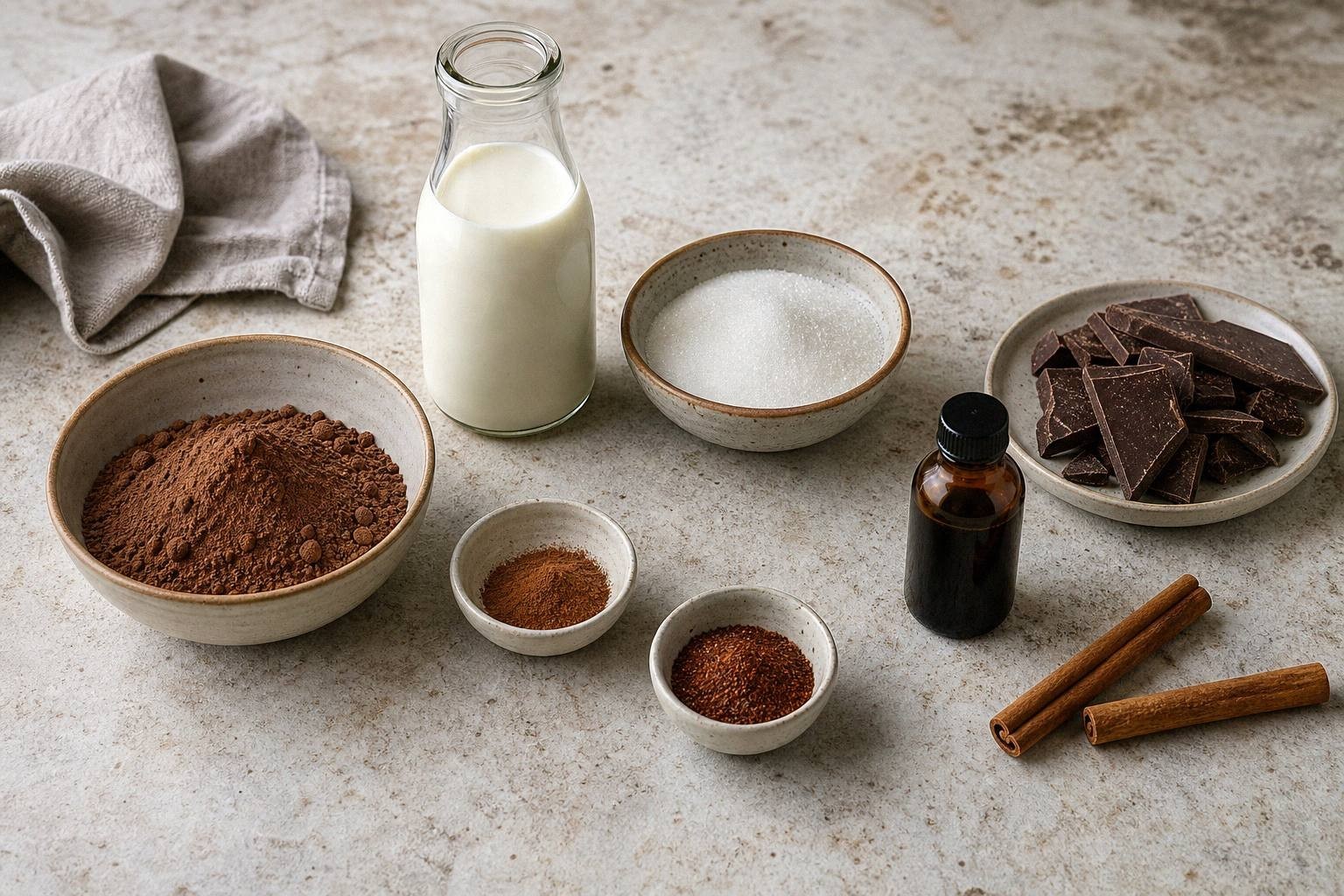 measured ingredients for mexican hot chocolate including milk, cocoa powder, sugar, cinnamon, vanilla, and chili powder