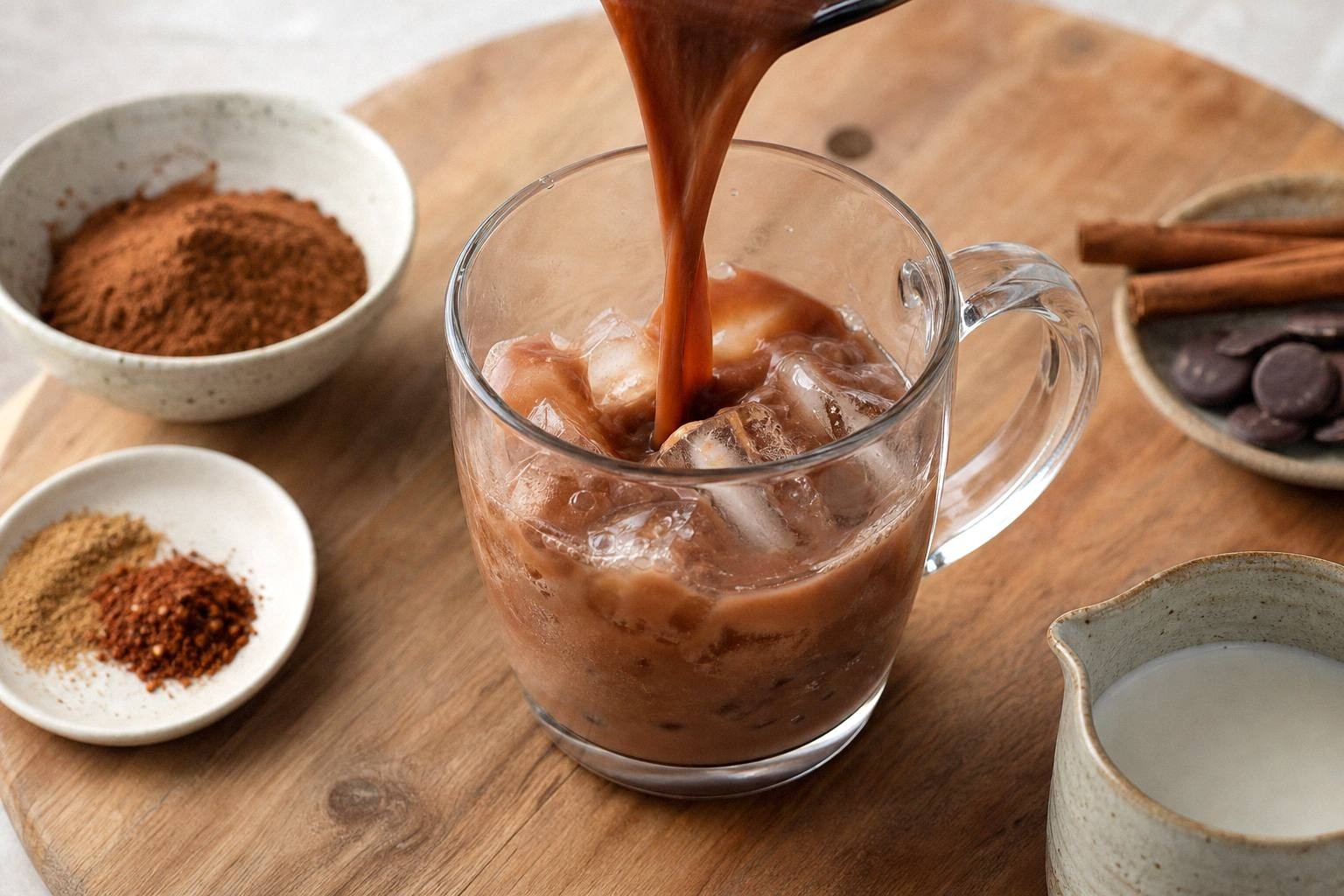 mexican hot chocolate being poured into mug, showing rust-colored liquid in motion