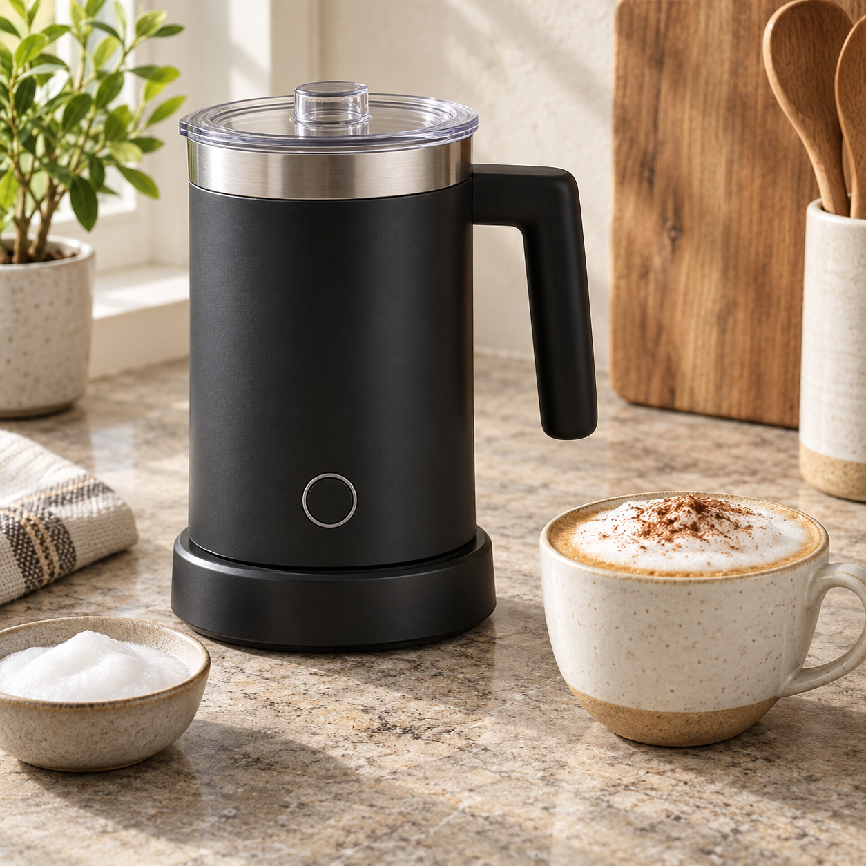 Illustrative compact electric milk frother beside a cappuccino; not a photo of the Aeroccino 3