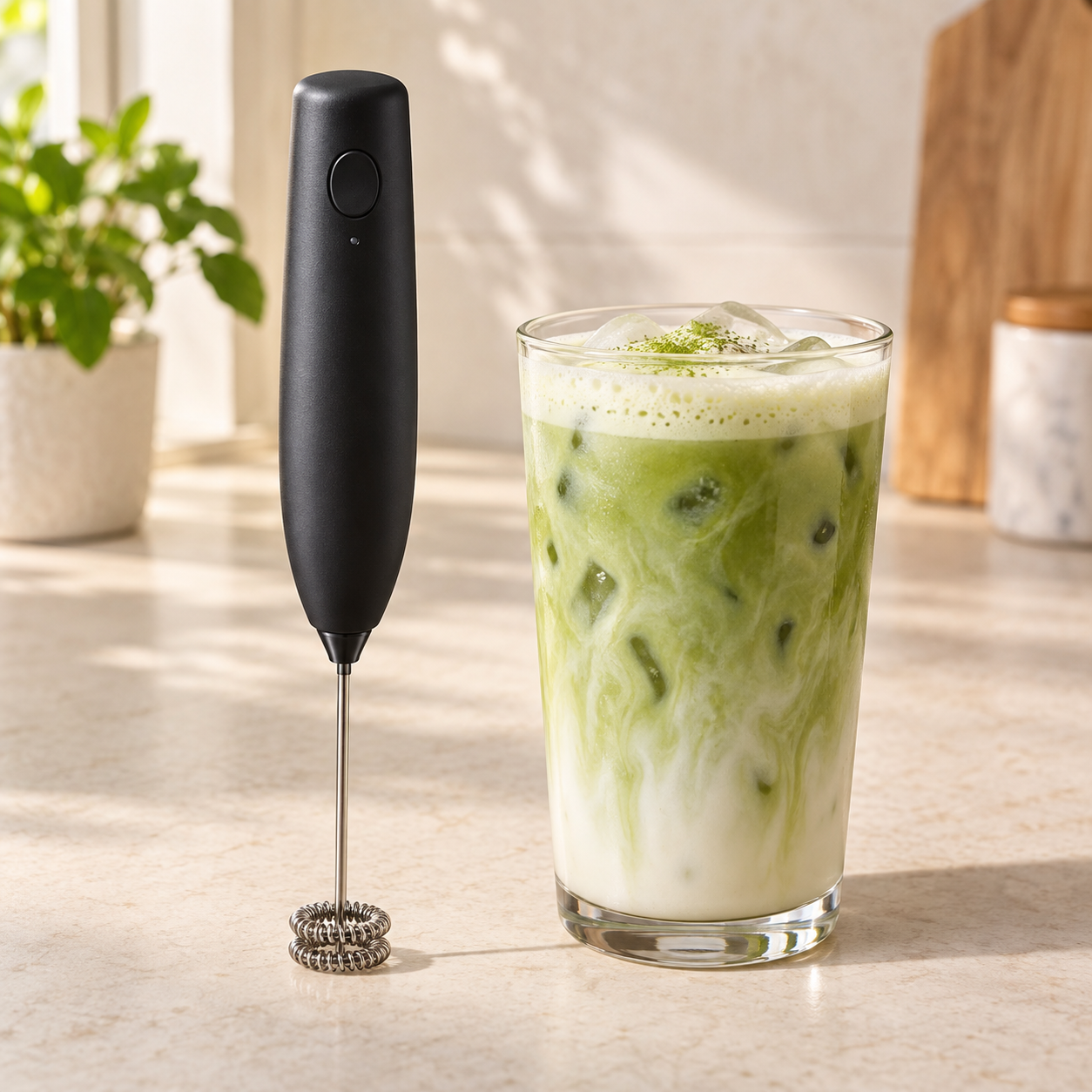 Illustrative handheld frother beside an iced matcha latte; not a photo of the CIRCLE JOY model