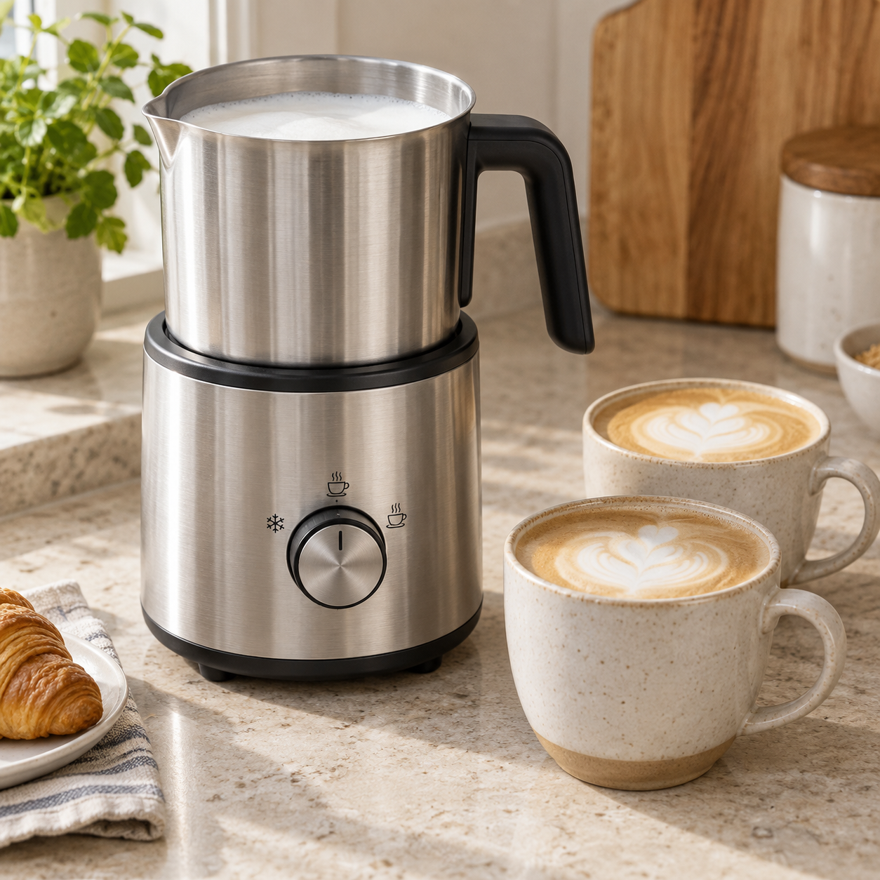 Illustrative large stainless milk frother beside two lattes; not a photo of the Breville Milk Café