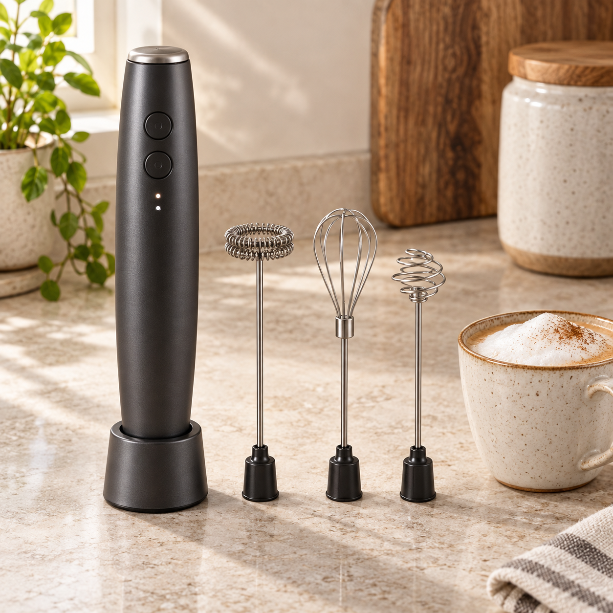 Illustrative rechargeable frother with multiple whisk heads; not a photo of the Zulay Lux model