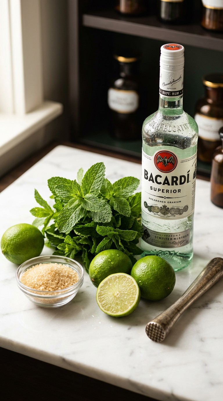Fresh mint leaves and lime wedges on white marble with white rum bottle and sugar for classic mojito cocktail recipe