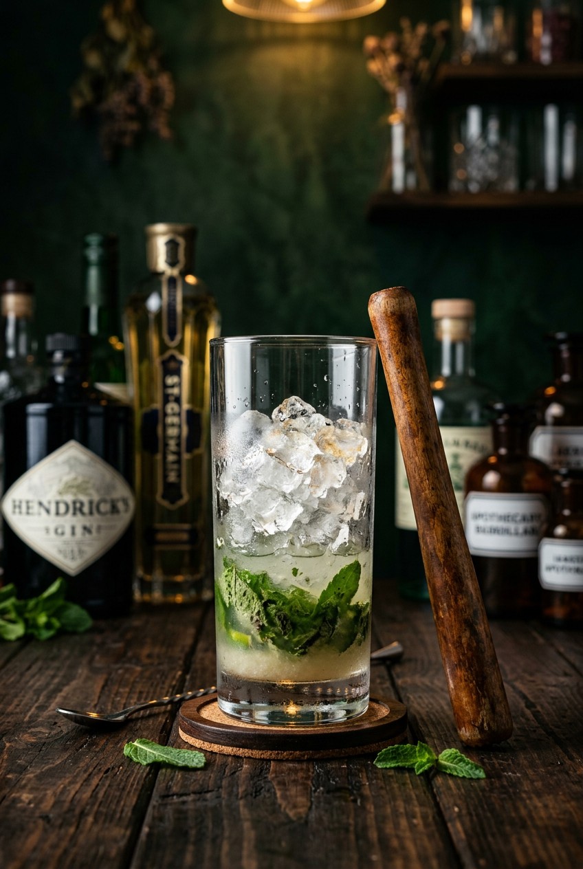 Muddling fresh mint leaves with sugar and lime juice in tall glass for mojito cocktail preparation step by step